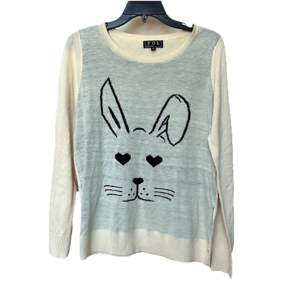 POL Sweater Women’s Med Long Sleeve Pullover Bunny Rabbit Face Indie Alternative